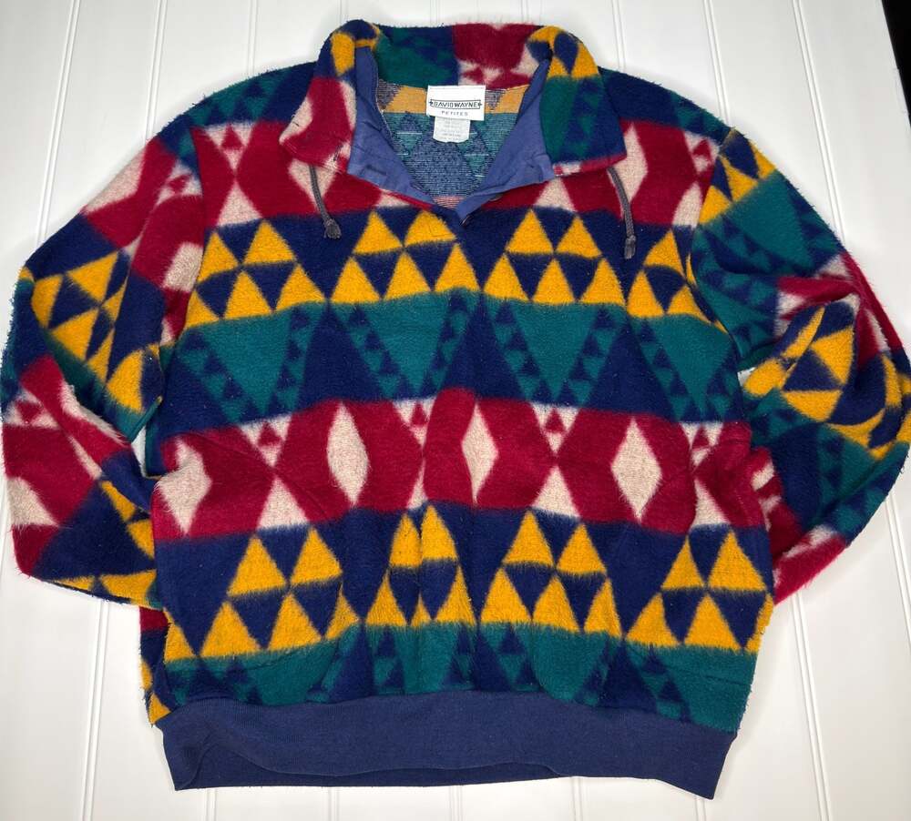 Vintage David Wayne Petites Aztec Geometric Print Fleece Pullover Jacket - M